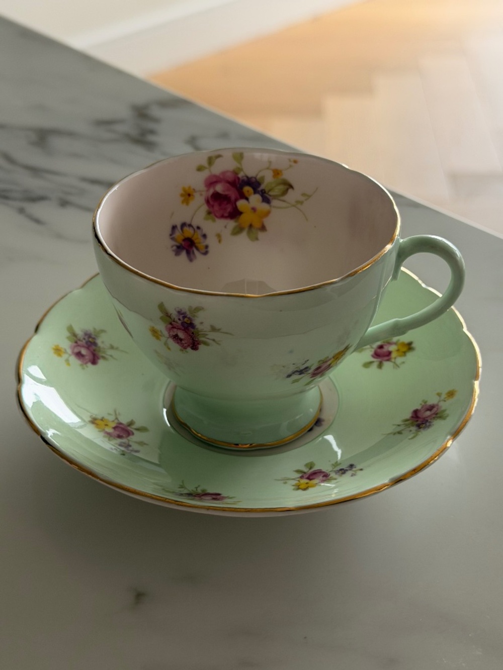 Vintage Foley Fine Bone China Tea Cup & Saucer, Mint Green Floral